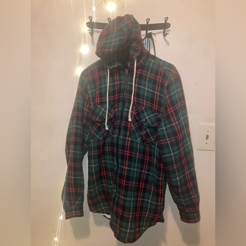 Vintage Green & Red Plaid fleece lined Hoodie